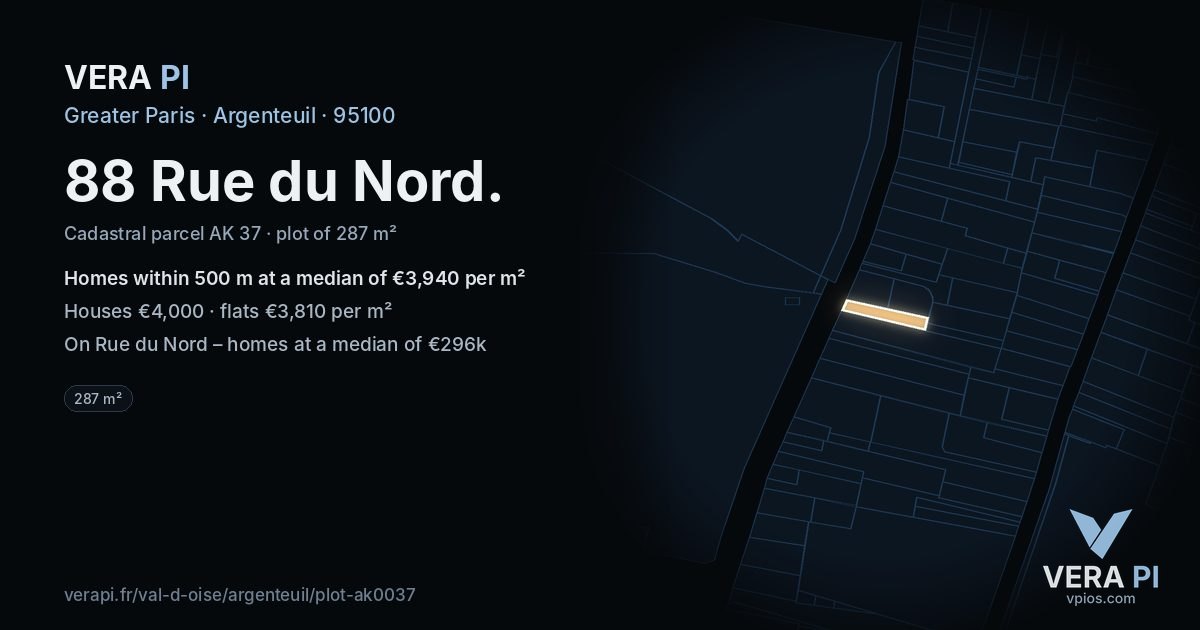 88 Rue du Nord, Argenteuil at night – the plot lit, the parcels around coloured by the prices near them