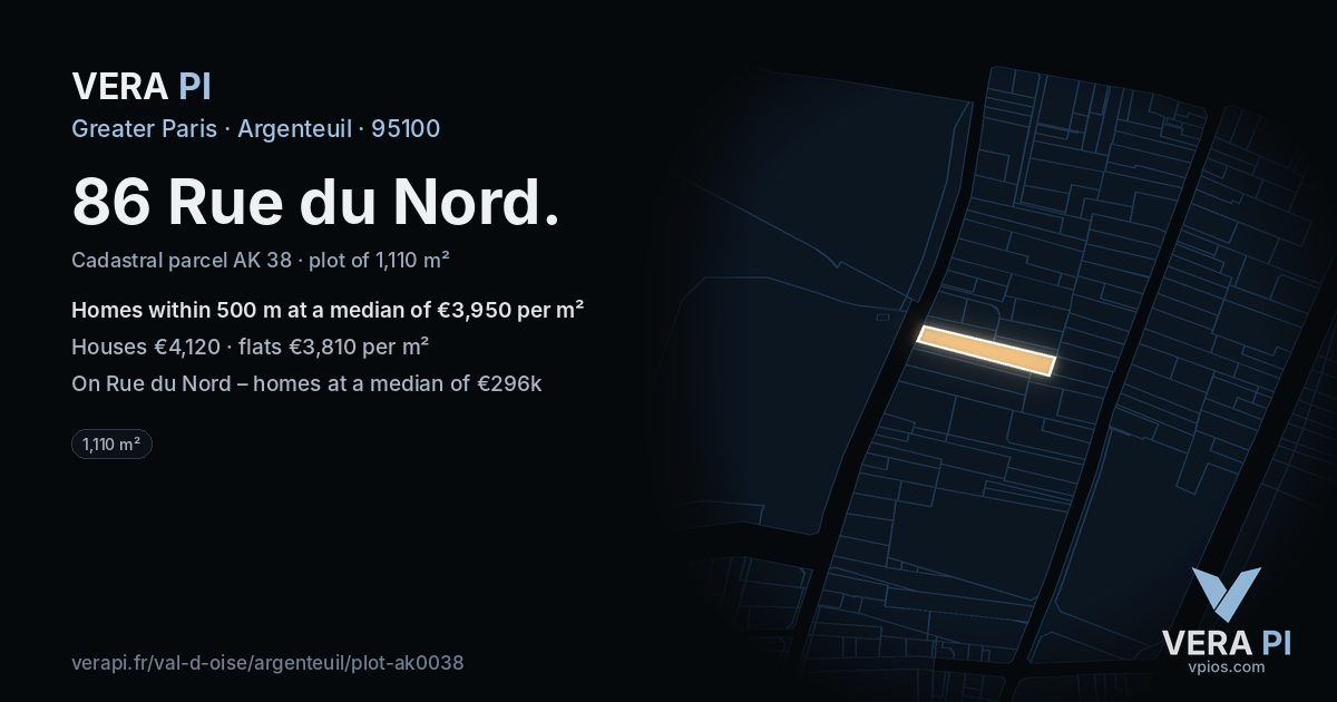 86 Rue du Nord, Argenteuil at night – the plot lit, the parcels around coloured by the prices near them