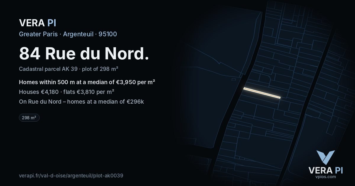 84 Rue du Nord, Argenteuil at night – the plot lit, the parcels around coloured by the prices near them