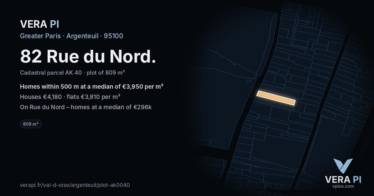 82 Rue du Nord, Argenteuil at night – the plot lit, the parcels around coloured by the prices near them