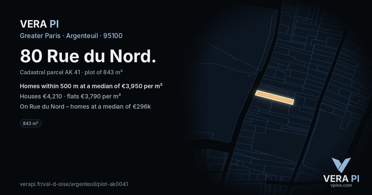 80 Rue du Nord, Argenteuil at night – the plot lit, the parcels around coloured by the prices near them