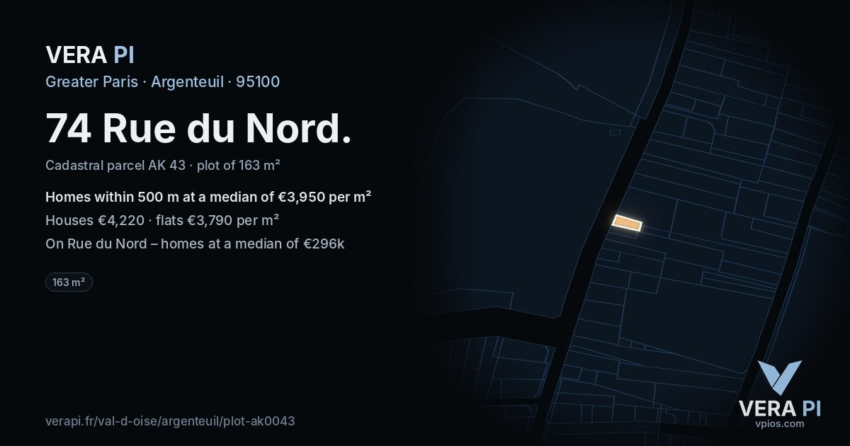 74 Rue du Nord, Argenteuil at night – the plot lit, the parcels around coloured by the prices near them