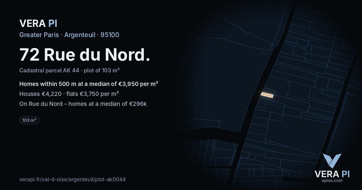 72 Rue du Nord, Argenteuil at night – the plot lit, the parcels around coloured by the prices near them