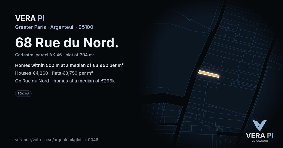 68 Rue du Nord, Argenteuil at night – the plot lit, the parcels around coloured by the prices near them
