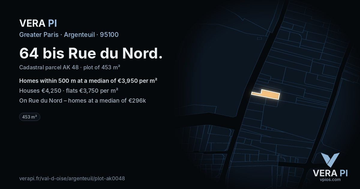 64 bis Rue du Nord, Argenteuil at night – the plot lit, the parcels around coloured by the prices near them