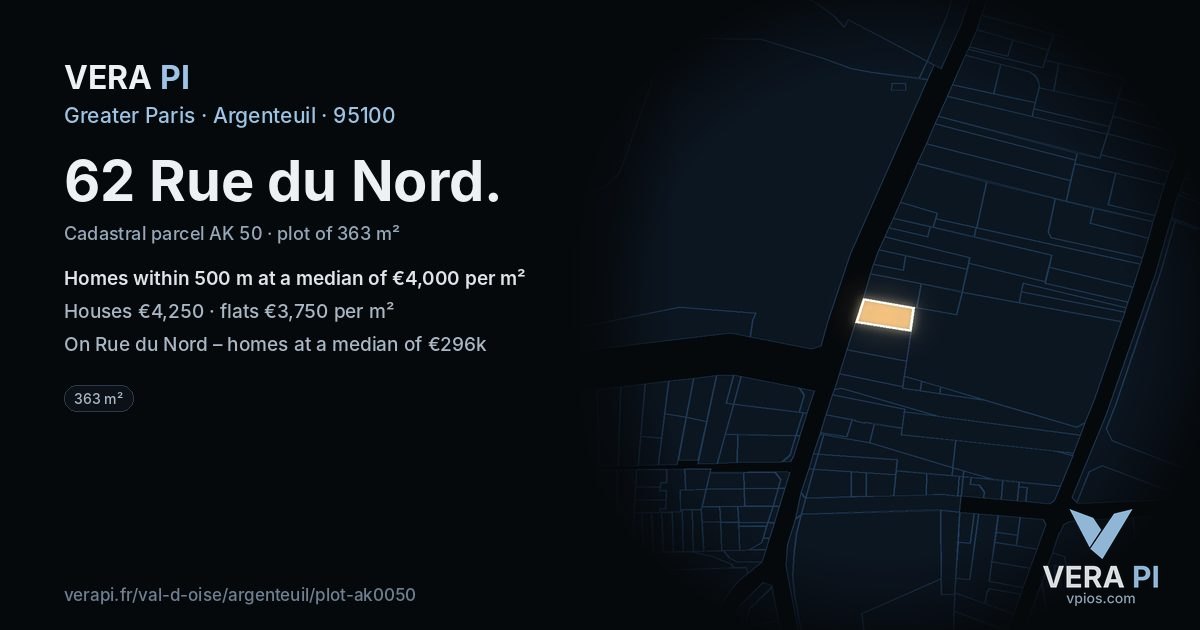 62 Rue du Nord, Argenteuil at night – the plot lit, the parcels around coloured by the prices near them