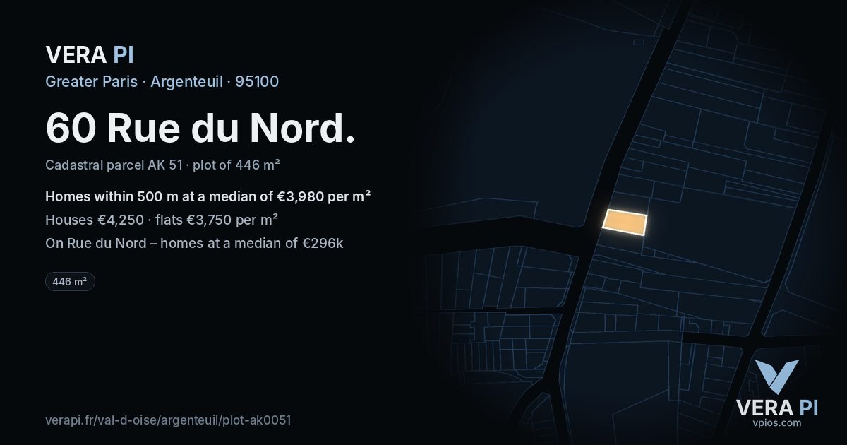 60 Rue du Nord, Argenteuil at night – the plot lit, the parcels around coloured by the prices near them