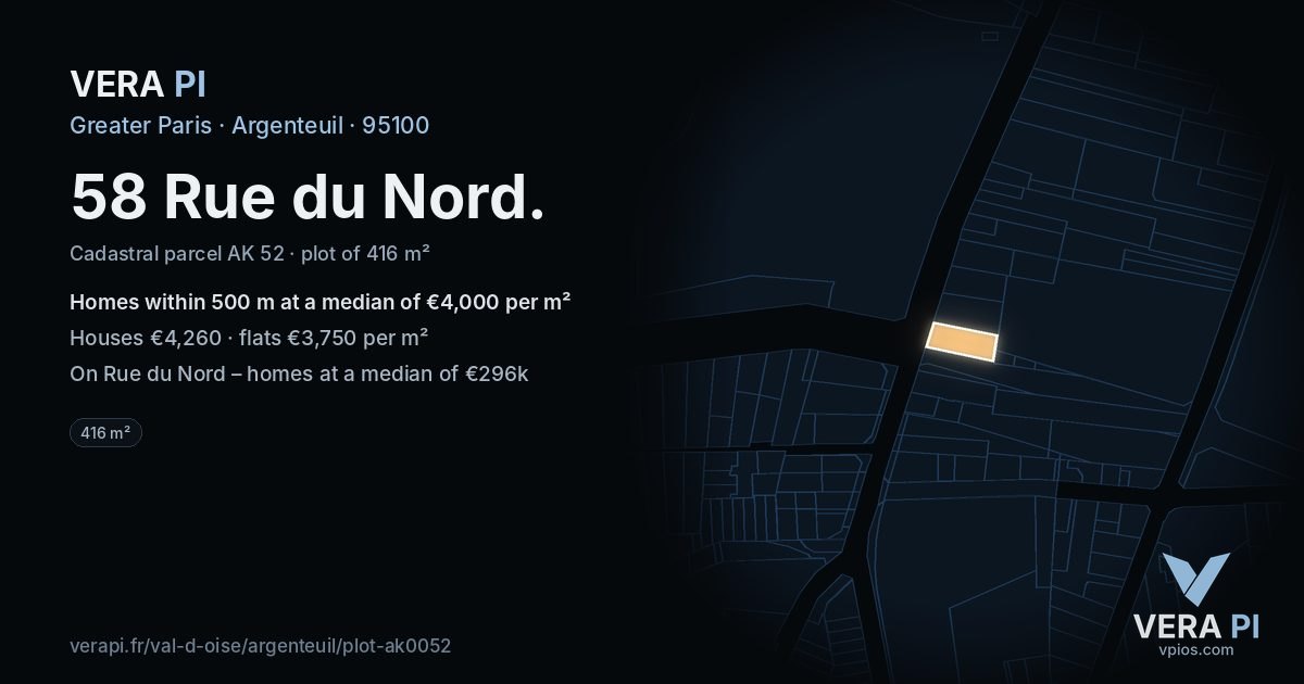 58 Rue du Nord, Argenteuil at night – the plot lit, the parcels around coloured by the prices near them