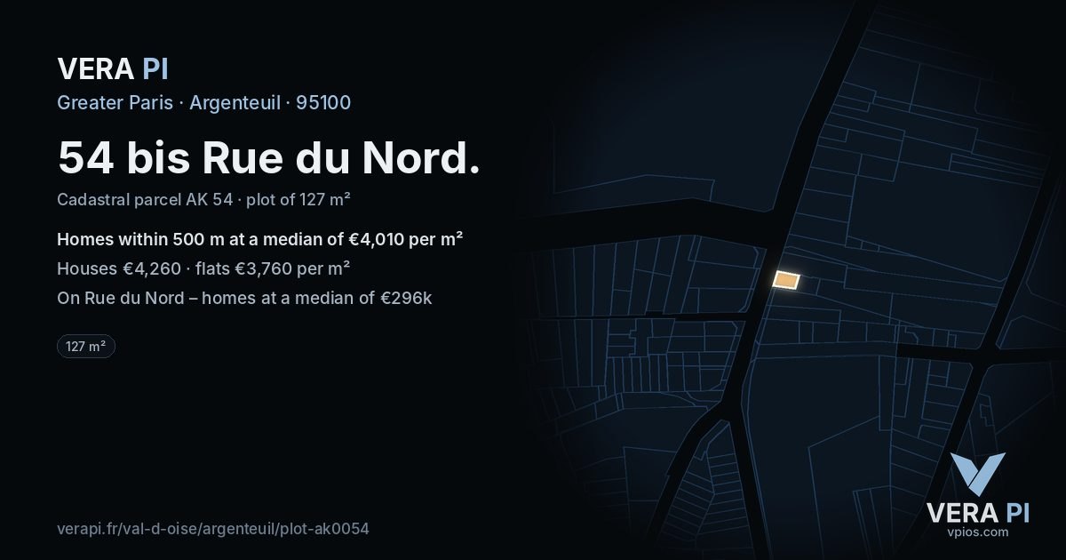54 bis Rue du Nord, Argenteuil at night – the plot lit, the parcels around coloured by the prices near them