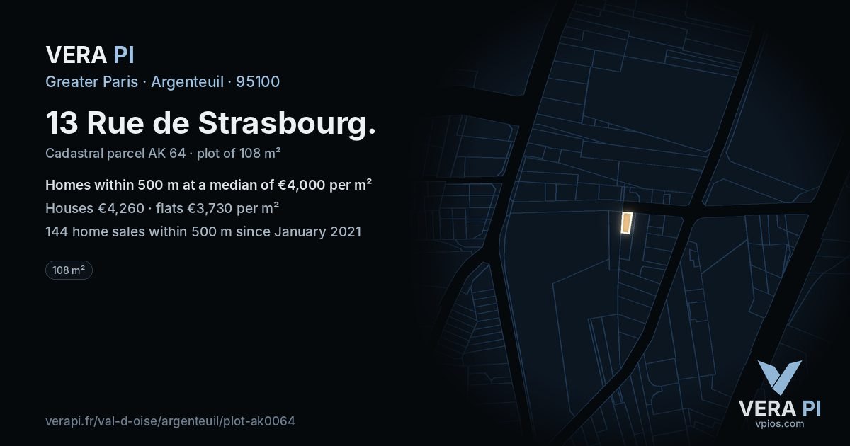 13 Rue de Strasbourg, Argenteuil at night – the plot lit, the parcels around coloured by the prices near them