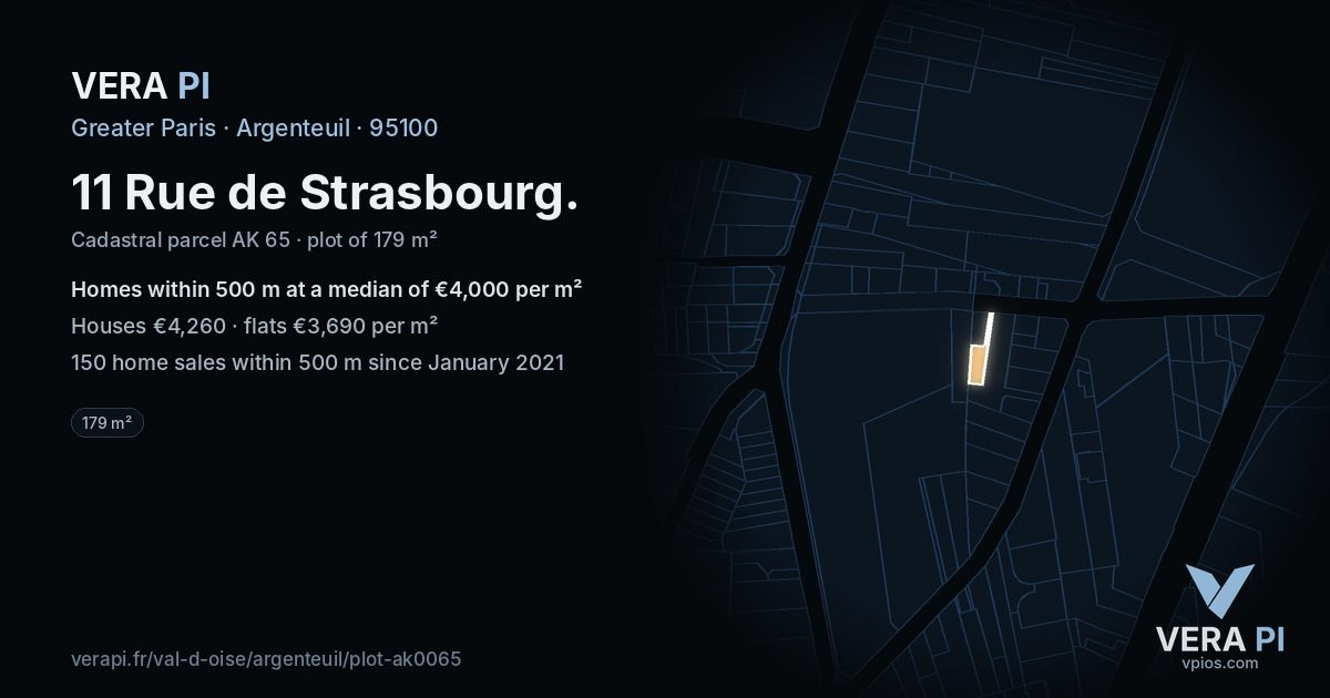 11 Rue de Strasbourg, Argenteuil at night – the plot lit, the parcels around coloured by the prices near them