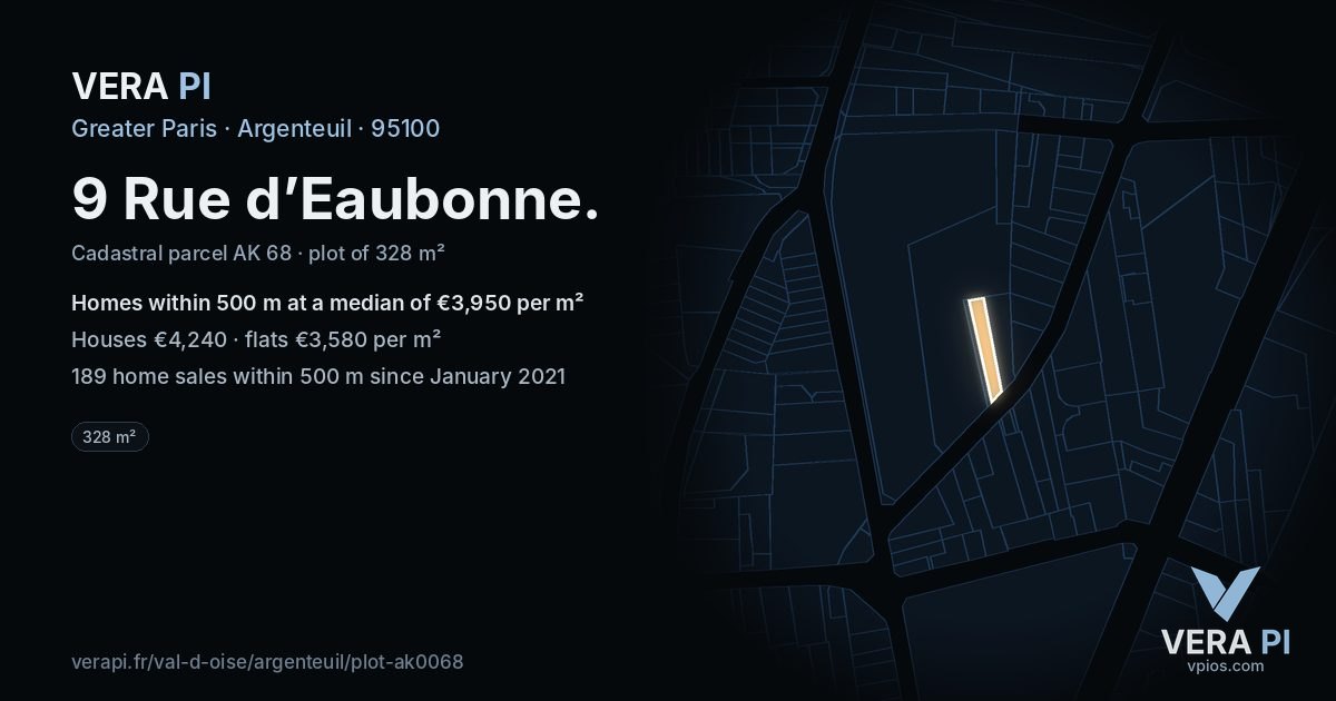 9 Rue d’Eaubonne, Argenteuil at night – the plot lit, the parcels around coloured by the prices near them