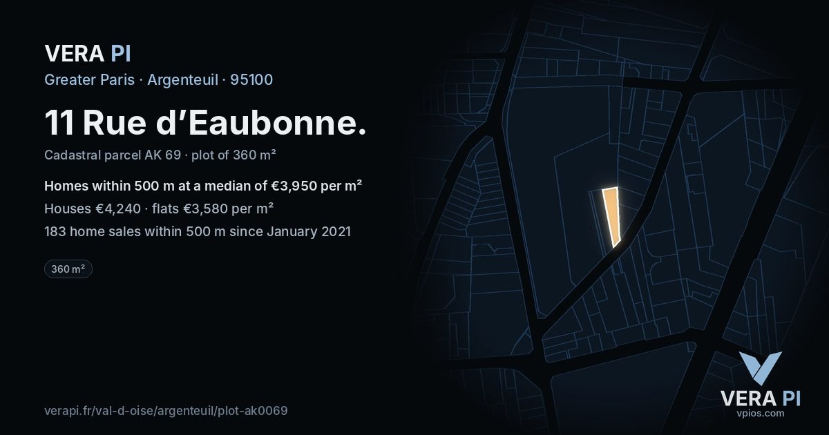 11 Rue d’Eaubonne, Argenteuil at night – the plot lit, the parcels around coloured by the prices near them