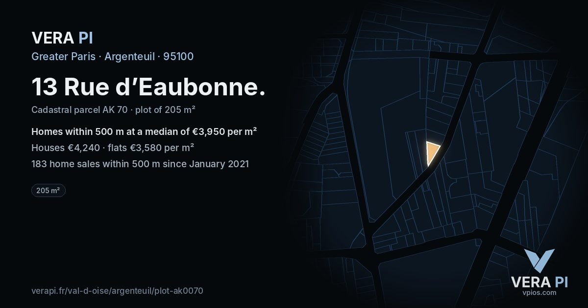 13 Rue d’Eaubonne, Argenteuil at night – the plot lit, the parcels around coloured by the prices near them