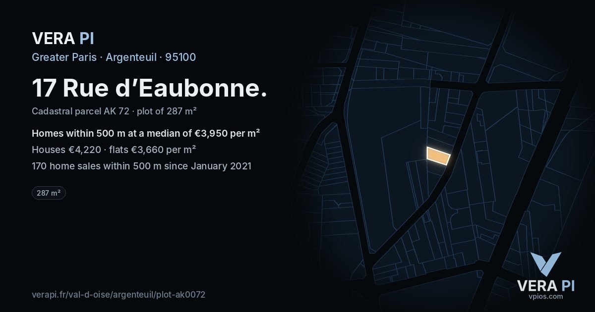 17 Rue d’Eaubonne, Argenteuil at night – the plot lit, the parcels around coloured by the prices near them
