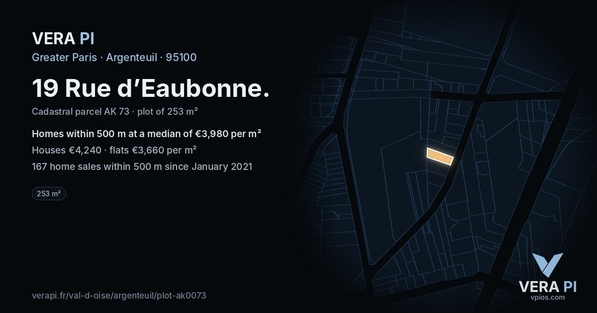19 Rue d’Eaubonne, Argenteuil at night – the plot lit, the parcels around coloured by the prices near them