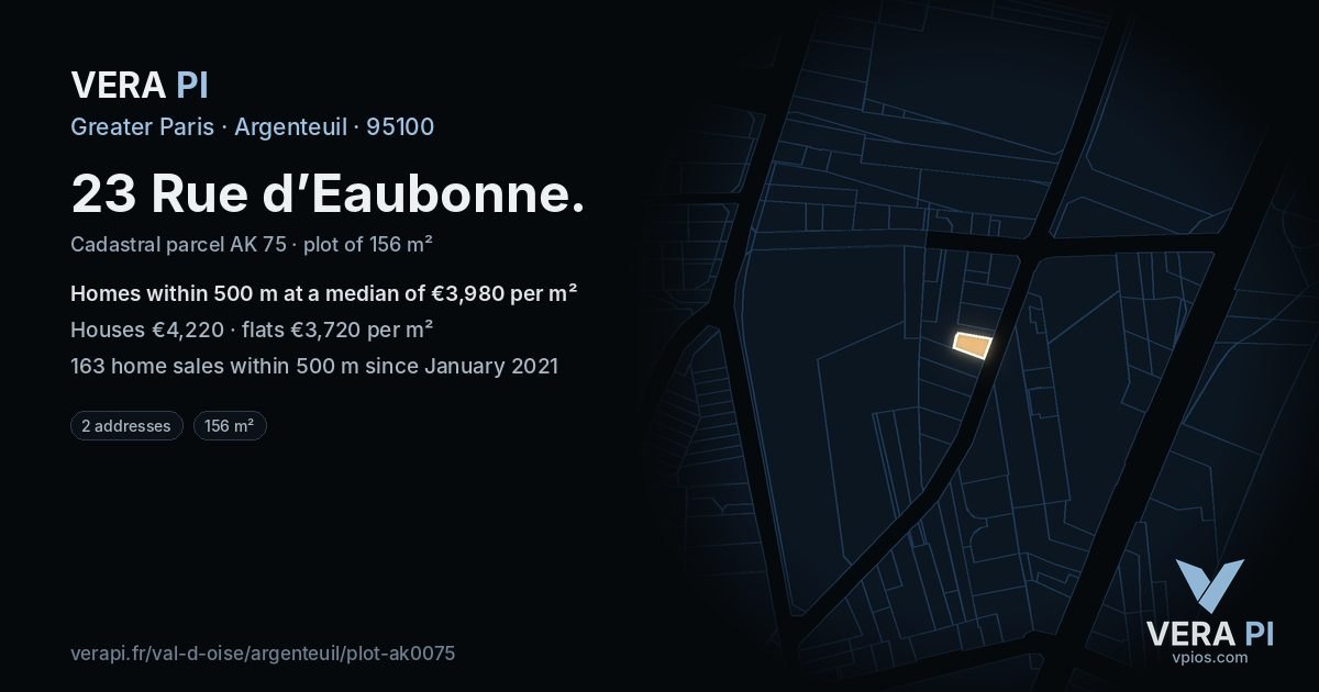 23 Rue d’Eaubonne, Argenteuil at night – the plot lit, the parcels around coloured by the prices near them