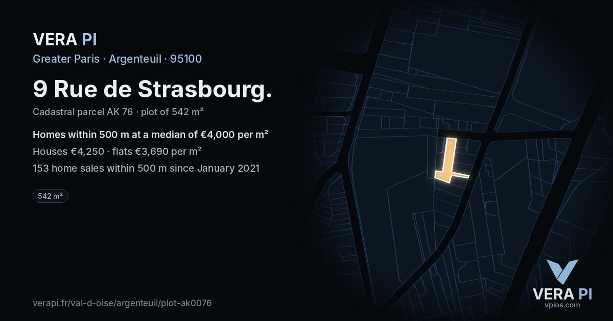 9 Rue de Strasbourg, Argenteuil at night – the plot lit, the parcels around coloured by the prices near them
