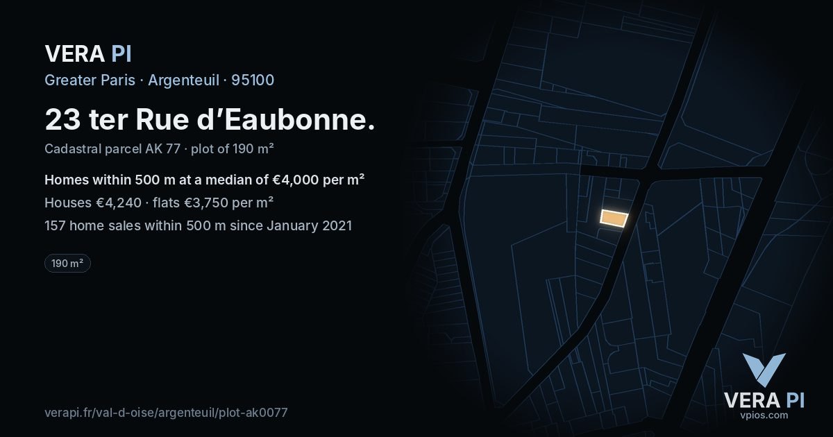 23 ter Rue d’Eaubonne, Argenteuil at night – the plot lit, the parcels around coloured by the prices near them