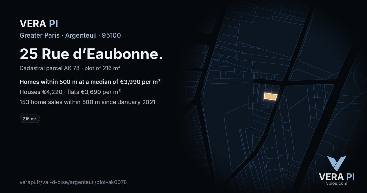 25 Rue d’Eaubonne, Argenteuil at night – the plot lit, the parcels around coloured by the prices near them