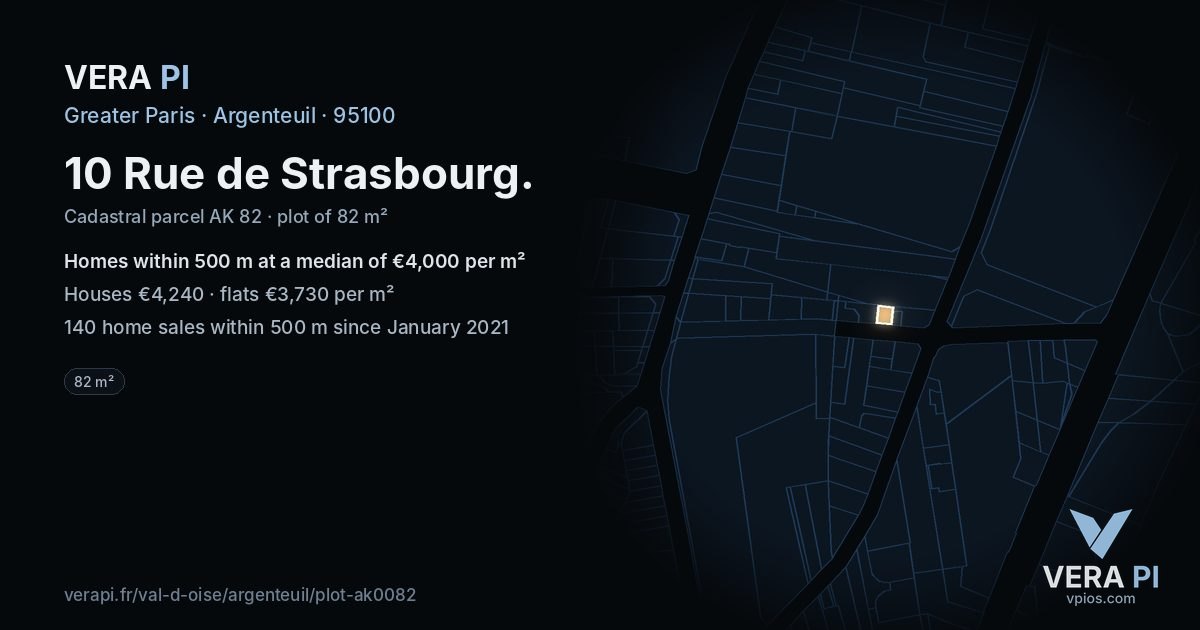 10 Rue de Strasbourg, Argenteuil at night – the plot lit, the parcels around coloured by the prices near them
