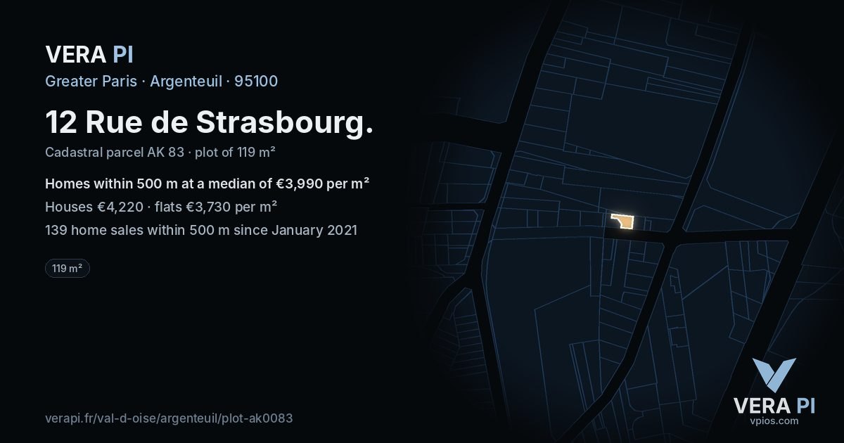 12 Rue de Strasbourg, Argenteuil at night – the plot lit, the parcels around coloured by the prices near them