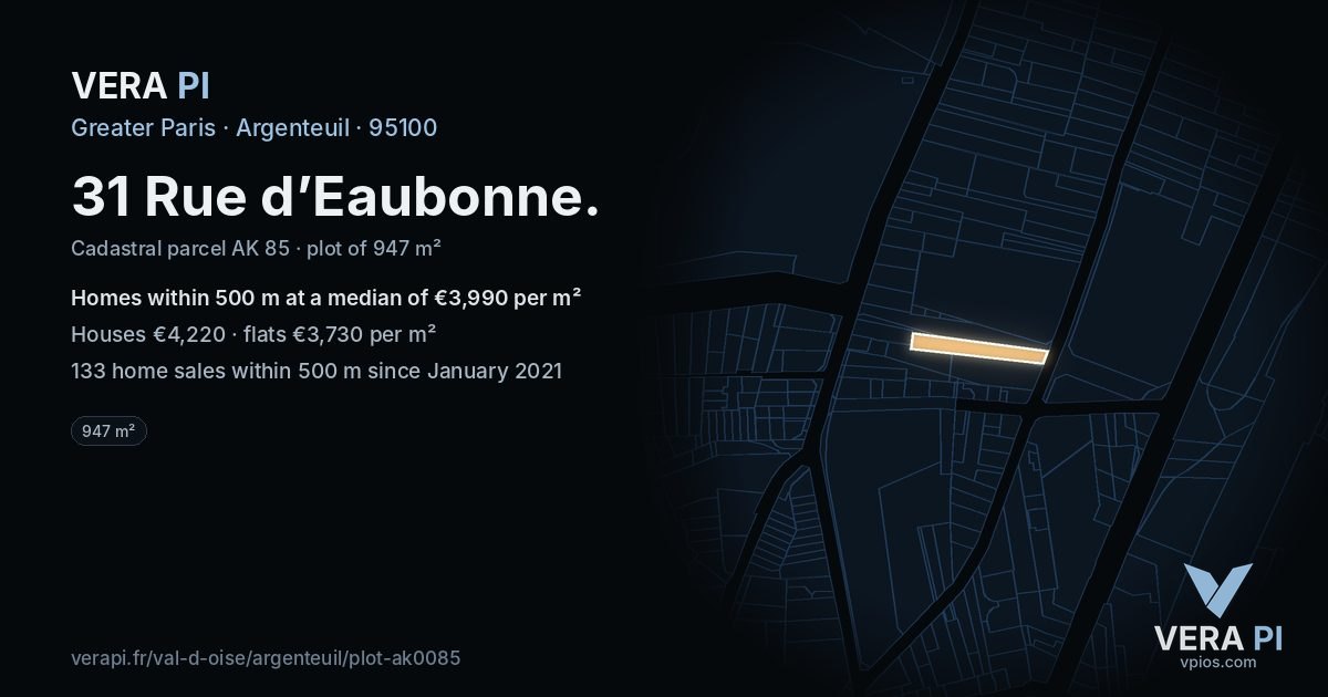 31 Rue d’Eaubonne, Argenteuil at night – the plot lit, the parcels around coloured by the prices near them