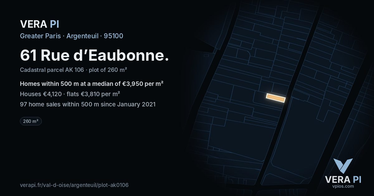 61 Rue d’Eaubonne, Argenteuil at night – the plot lit, the parcels around coloured by the prices near them