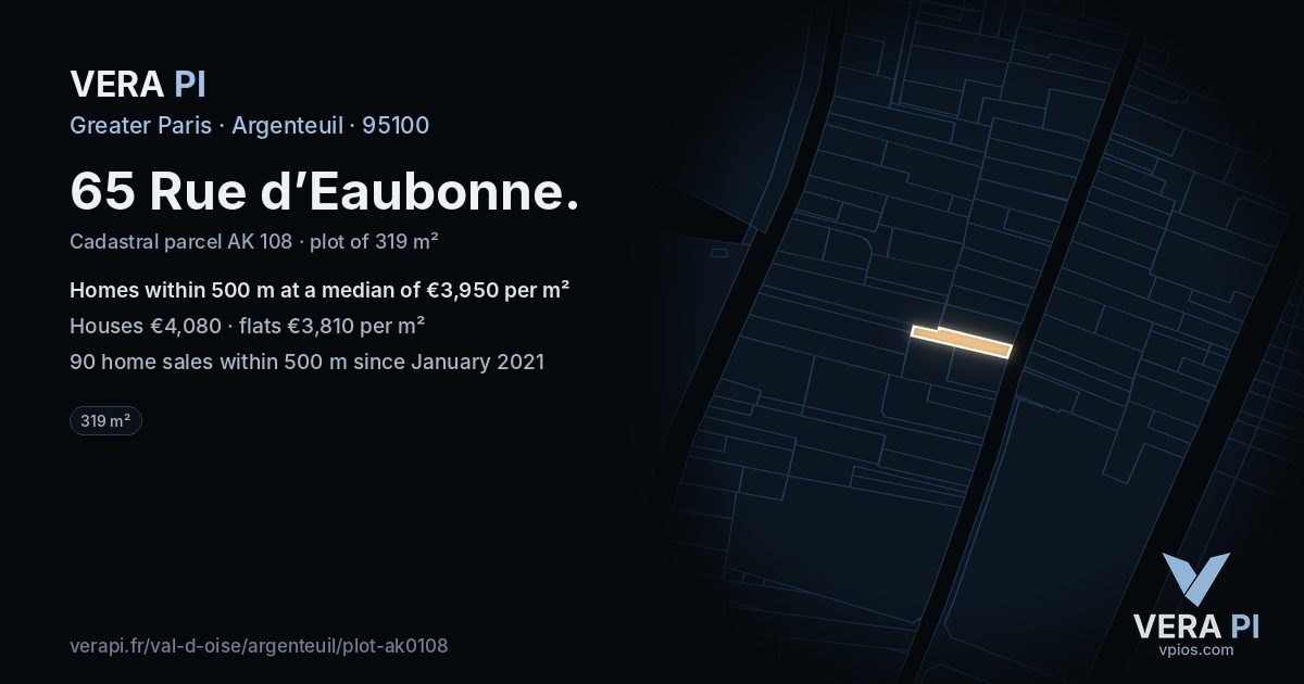 65 Rue d’Eaubonne, Argenteuil at night – the plot lit, the parcels around coloured by the prices near them