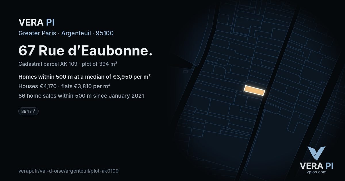 67 Rue d’Eaubonne, Argenteuil at night – the plot lit, the parcels around coloured by the prices near them