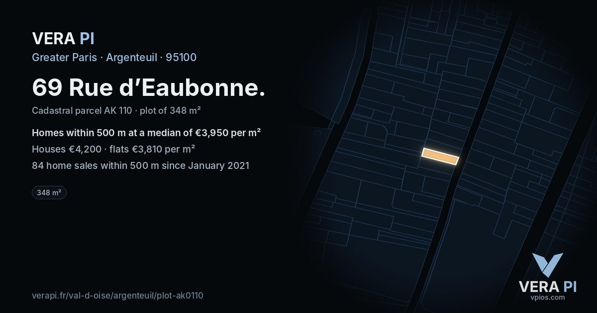 69 Rue d’Eaubonne, Argenteuil at night – the plot lit, the parcels around coloured by the prices near them