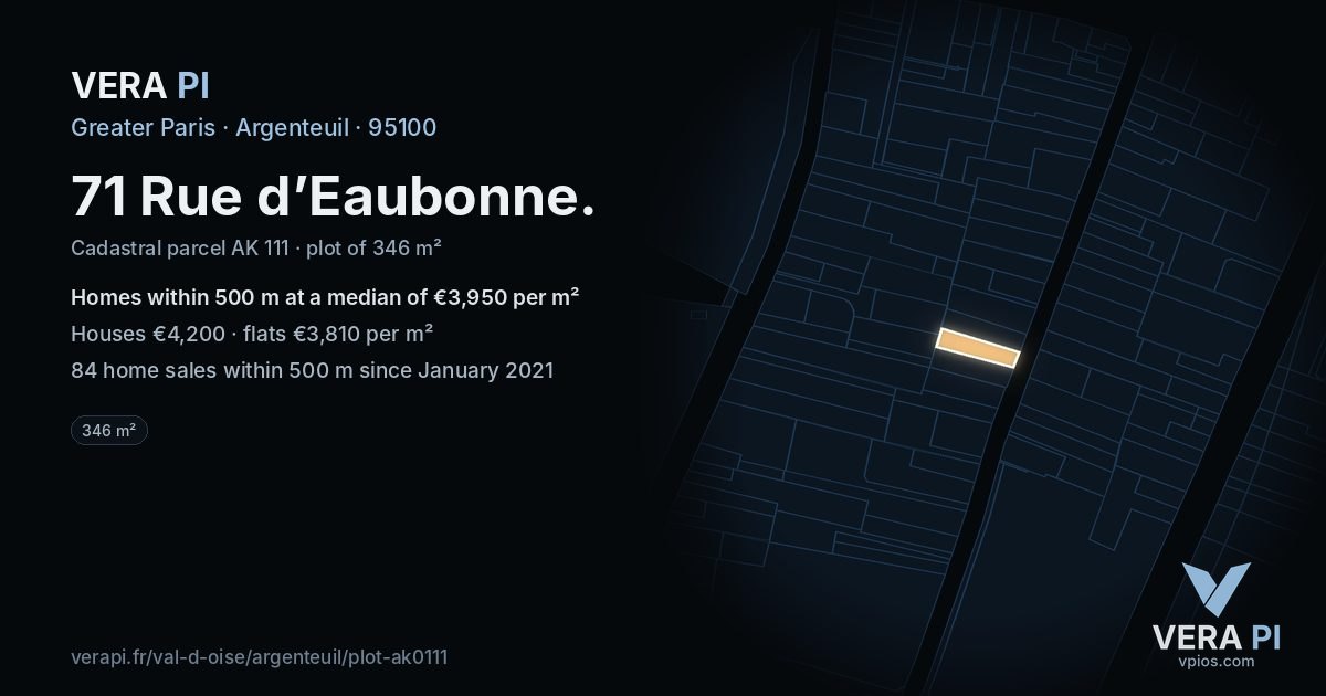 71 Rue d’Eaubonne, Argenteuil at night – the plot lit, the parcels around coloured by the prices near them