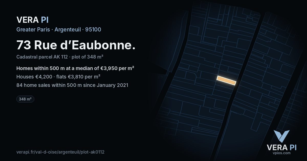 73 Rue d’Eaubonne, Argenteuil at night – the plot lit, the parcels around coloured by the prices near them