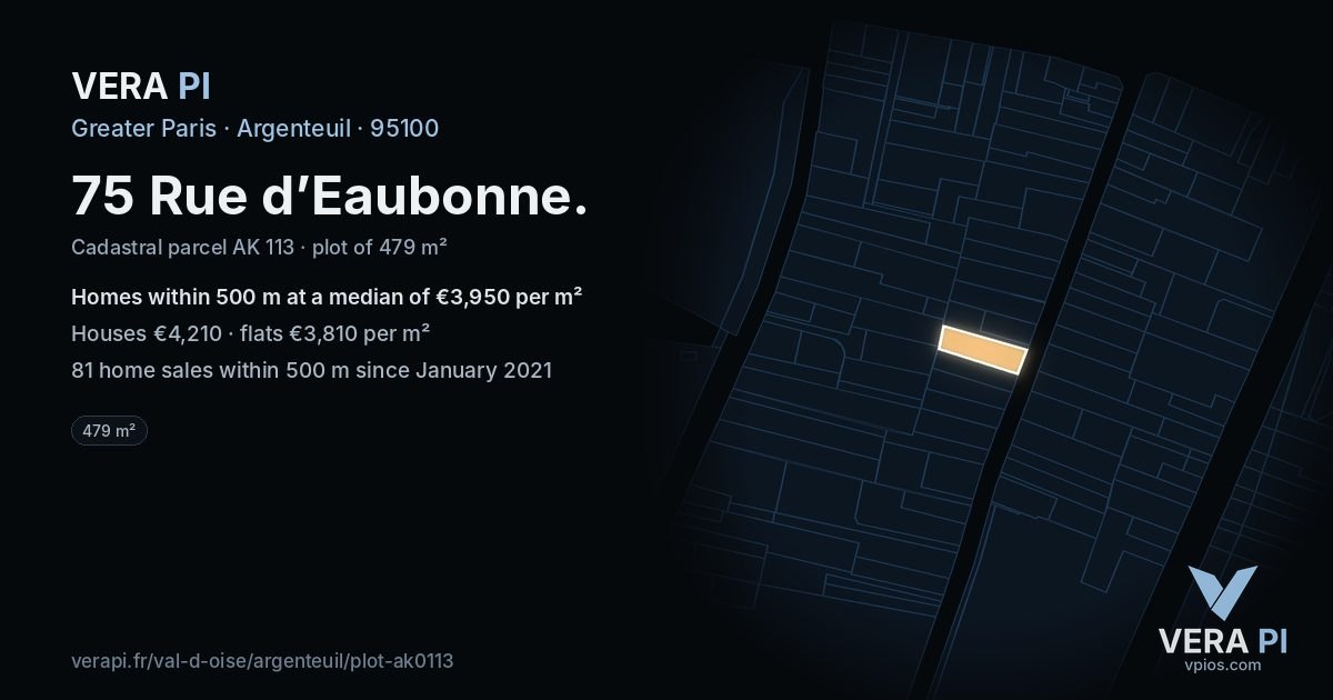 75 Rue d’Eaubonne, Argenteuil at night – the plot lit, the parcels around coloured by the prices near them