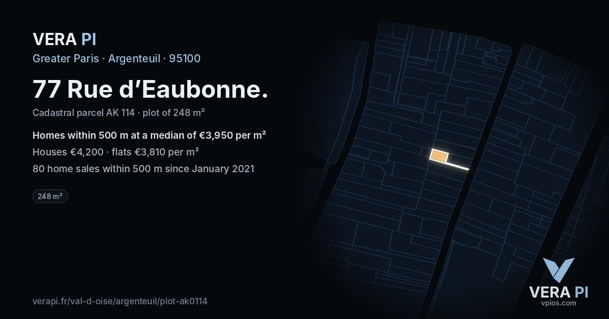 77 Rue d’Eaubonne, Argenteuil at night – the plot lit, the parcels around coloured by the prices near them