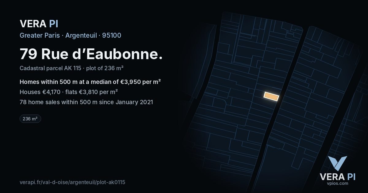 79 Rue d’Eaubonne, Argenteuil at night – the plot lit, the parcels around coloured by the prices near them