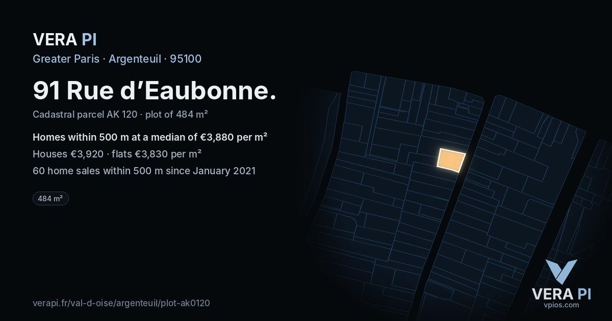 91 Rue d’Eaubonne, Argenteuil at night – the plot lit, the parcels around coloured by the prices near them
