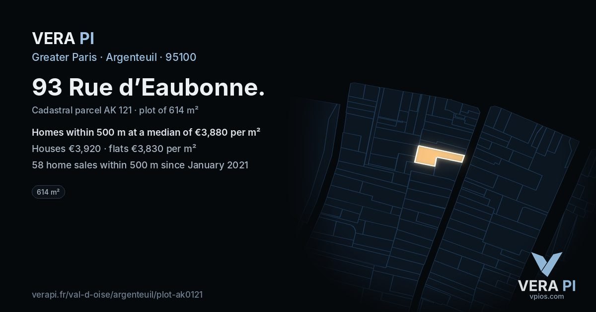 93 Rue d’Eaubonne, Argenteuil at night – the plot lit, the parcels around coloured by the prices near them