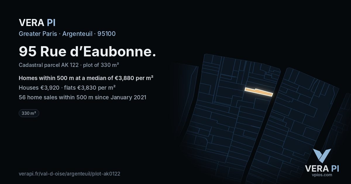 95 Rue d’Eaubonne, Argenteuil at night – the plot lit, the parcels around coloured by the prices near them