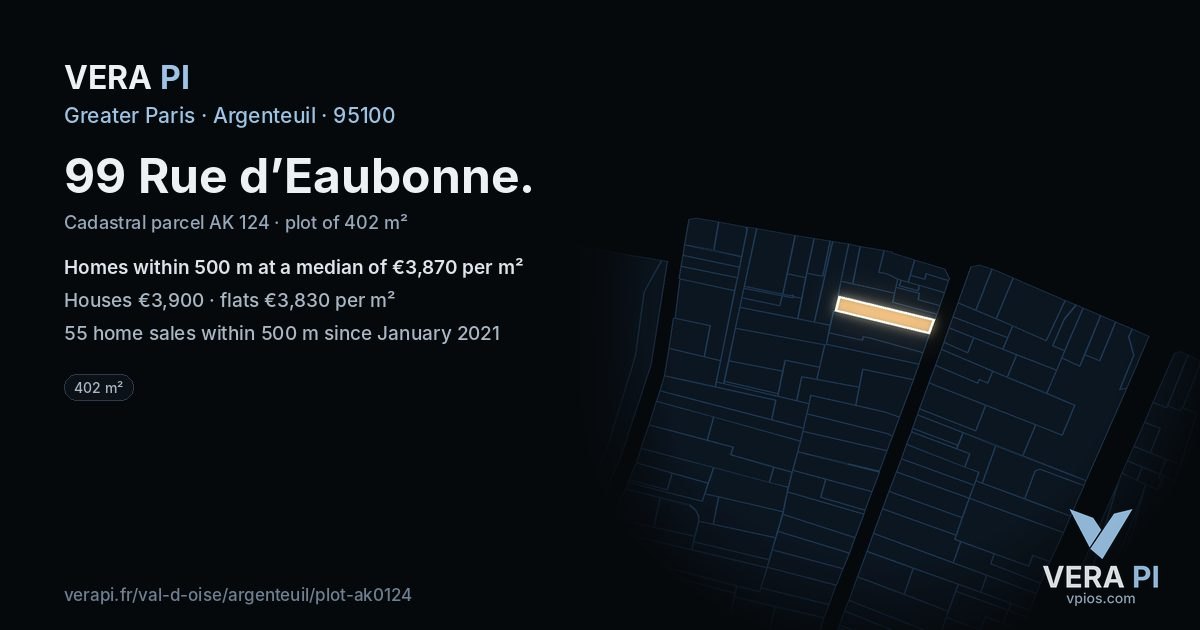 99 Rue d’Eaubonne, Argenteuil at night – the plot lit, the parcels around coloured by the prices near them