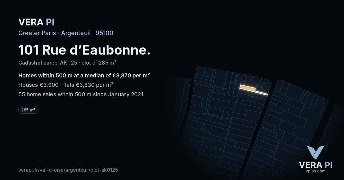 101 Rue d’Eaubonne, Argenteuil at night – the plot lit, the parcels around coloured by the prices near them