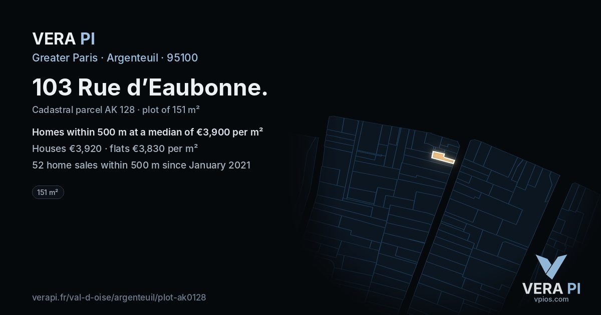 103 Rue d’Eaubonne, Argenteuil at night – the plot lit, the parcels around coloured by the prices near them