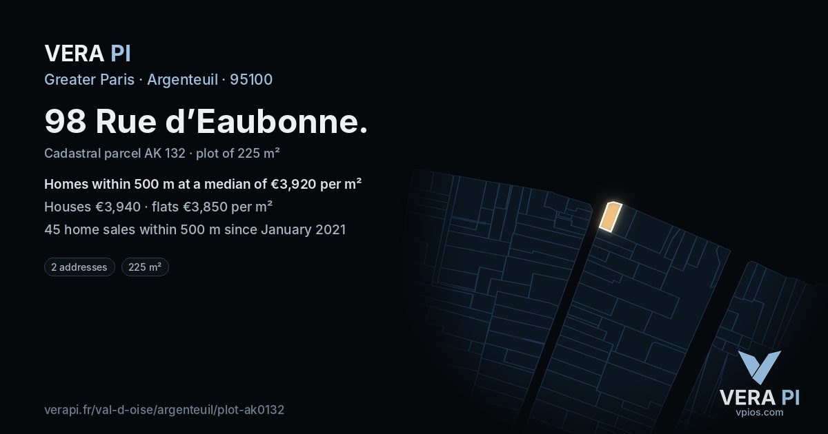 98 Rue d’Eaubonne, Argenteuil at night – the plot lit, the parcels around coloured by the prices near them