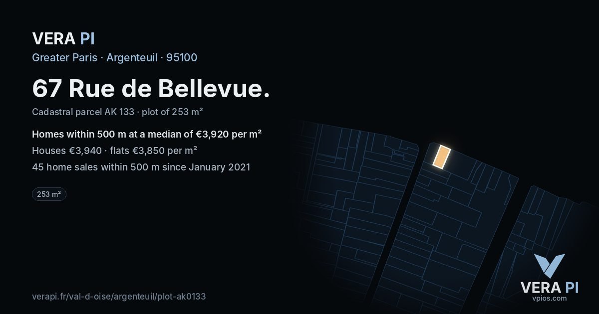 67 Rue de Bellevue, Argenteuil at night – the plot lit, the parcels around coloured by the prices near them