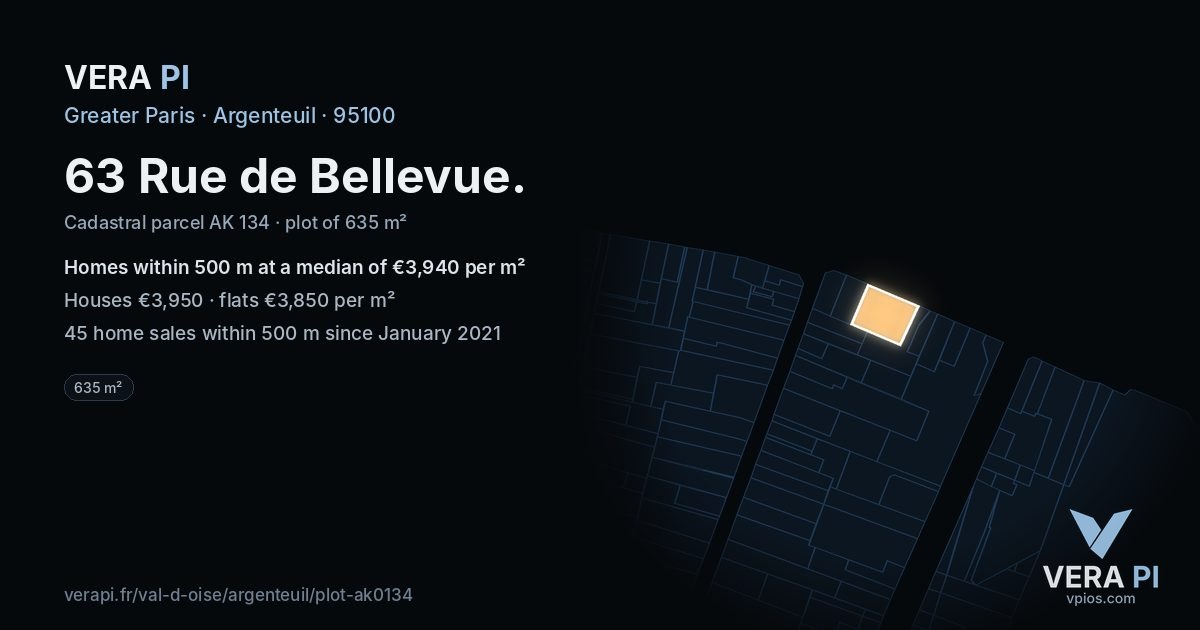 63 Rue de Bellevue, Argenteuil at night – the plot lit, the parcels around coloured by the prices near them