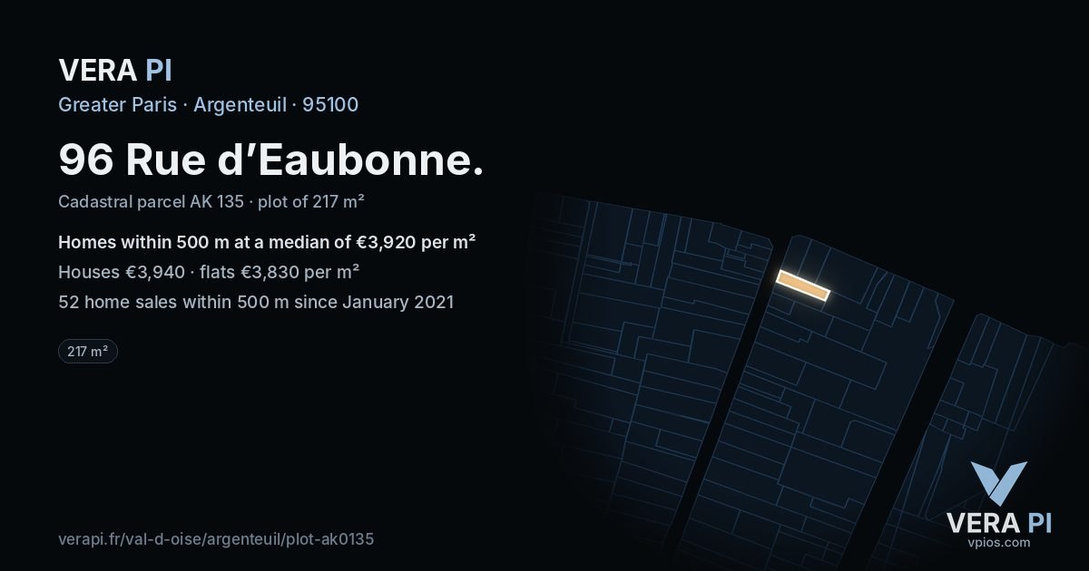 96 Rue d’Eaubonne, Argenteuil at night – the plot lit, the parcels around coloured by the prices near them