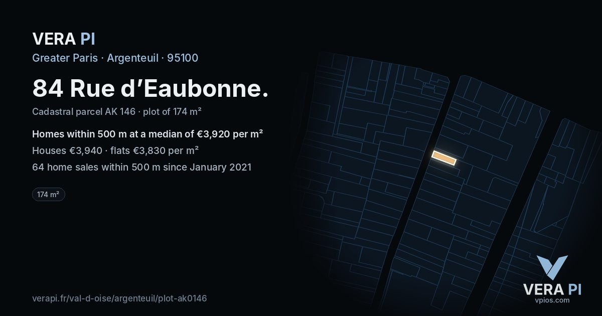 84 Rue d’Eaubonne, Argenteuil at night – the plot lit, the parcels around coloured by the prices near them