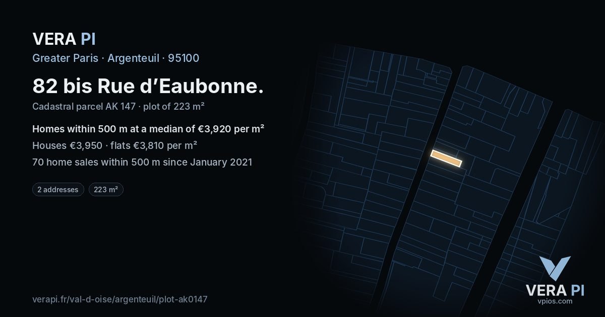 82 bis Rue d’Eaubonne, Argenteuil at night – the plot lit, the parcels around coloured by the prices near them