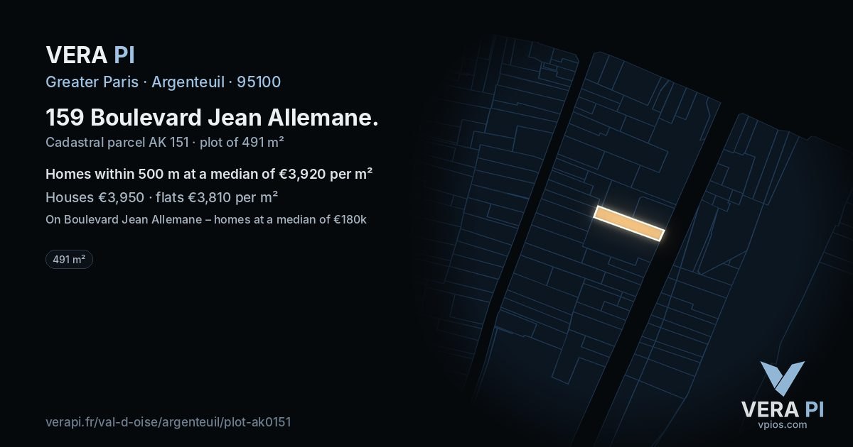 159 Boulevard Jean Allemane, Argenteuil at night – the plot lit, the parcels around coloured by the prices near them