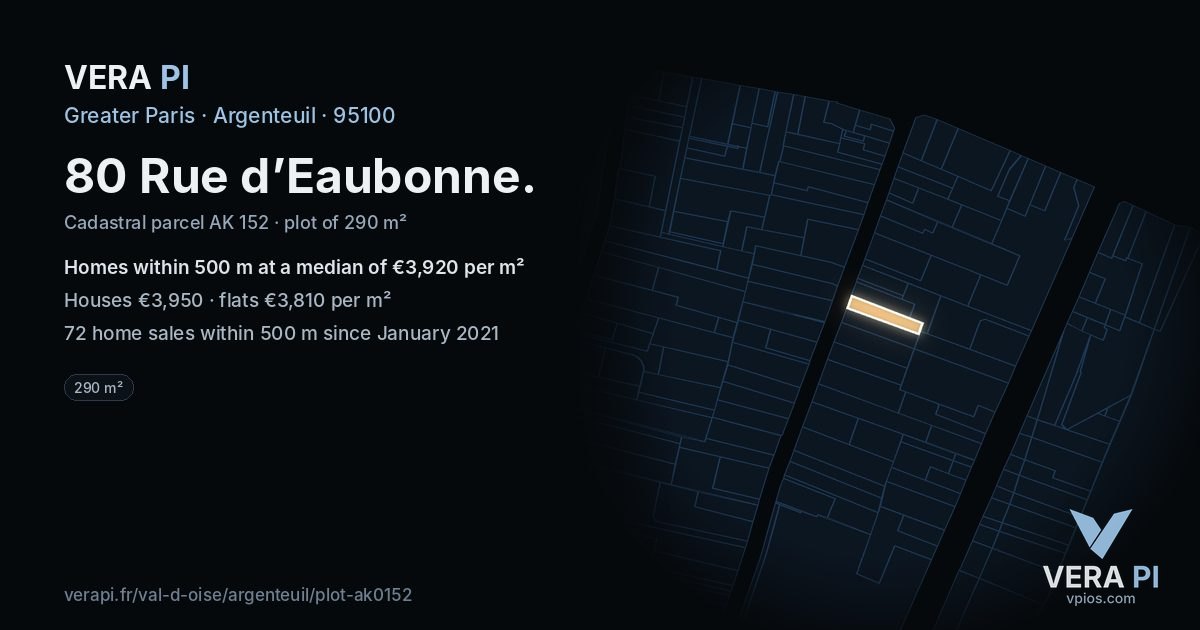 80 Rue d’Eaubonne, Argenteuil at night – the plot lit, the parcels around coloured by the prices near them